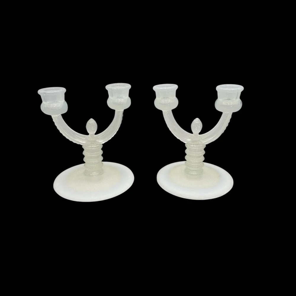Pair Fenton French Opalescent Pineapple Double Candelabras Ribbed Stunning VTG